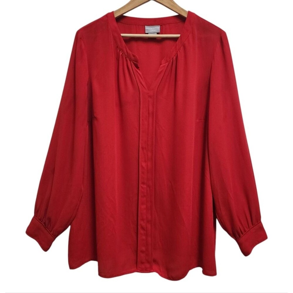 Liz Claiborne Top Women 1X Red Split V Neck Long Sleeve Semi Sheer Blouse Office